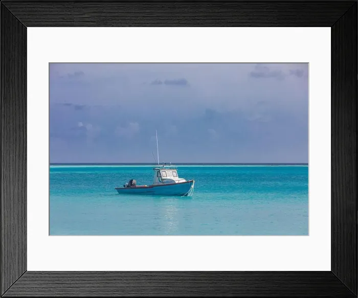 Framed Print : Alone fishing boat anchored in tropical lagoon, endless sea ocean horizon. Idyllic morning shore, coast view Framed Print : Alone fishing boat anchored in tropical lagoon, endless sea ocean horizon. Idyllic morning shore, coast view