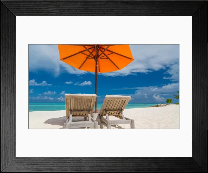 Framed Print : Beautiful beach. Chairs on the sandy beach near the sea. Summer holiday and vacation concept for tourism. Inspirational tropical landscape Framed Print : Beautiful beach. Chairs on the sandy beach near the sea. Summer holiday and vacation concept for tourism. Inspirational tropical landscape