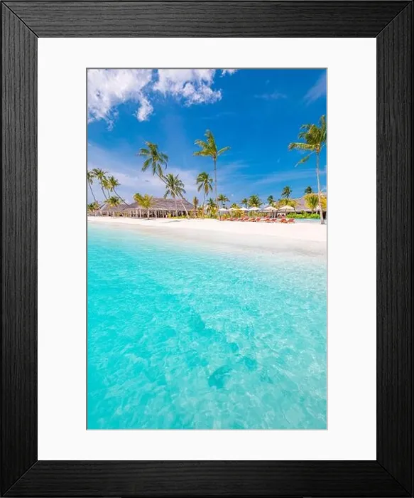 Framed Print : Tropical beach background as summer landscape with beach swing or hammock and white sand and calm sea for beach banner. Perfect beach scene vacation Framed Print : Tropical beach background as summer landscape with beach swing or hammock and white sand and calm sea for beach banner. Perfect beach scene vacation