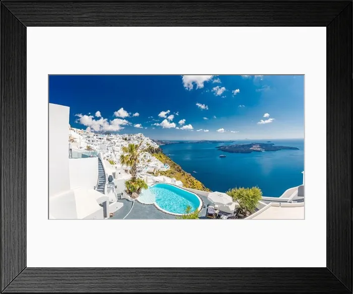 Framed Print : Luxury summer travel and vacation destination of white architecture. Amazing panoramic landscape sky, tranquil sea view, swimming pool, cruise ships Framed Print : Luxury summer travel and vacation destination of white architecture. Amazing panoramic landscape sky, tranquil sea view, swimming pool, cruise ships