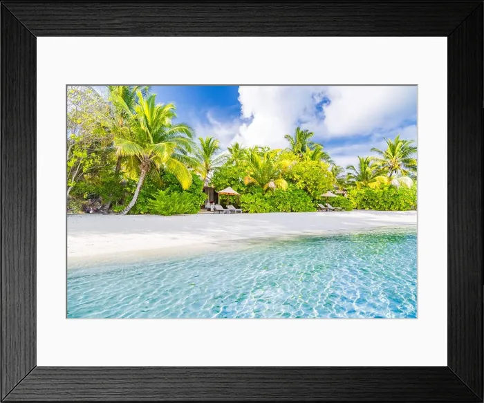 Framed Print : Exotic beach landscape, two sun chairs and umbrella. Relaxation concept for couple getaway and vacation or holiday destination. Luxury beach travel Framed Print : Exotic beach landscape, two sun chairs and umbrella. Relaxation concept for couple getaway and vacation or holiday destination. Luxury beach travel