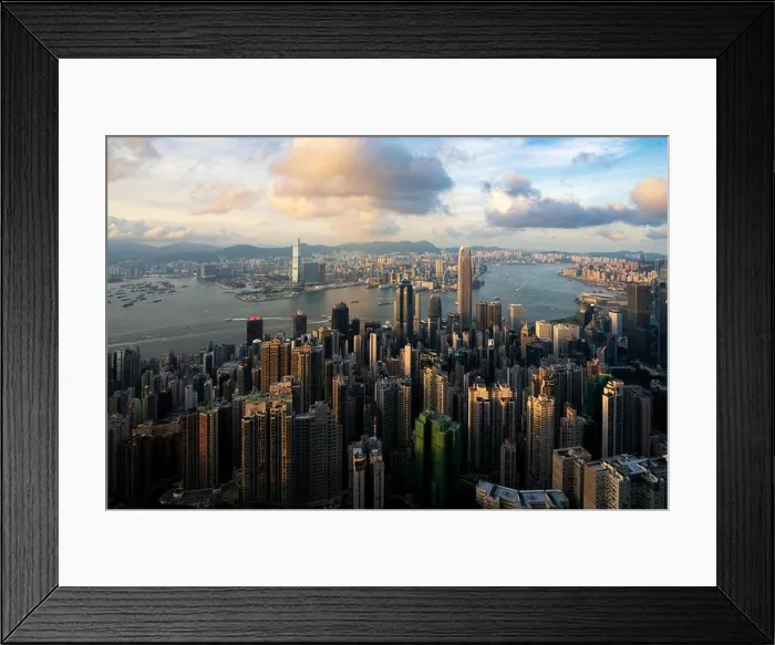 Framed Print : Aerial view of Hong Kong skyline and Victoria Harbor at sunset time in Hong Kong. Asia Framed Print : Aerial view of Hong Kong skyline and Victoria Harbor at sunset time in Hong Kong. Asia