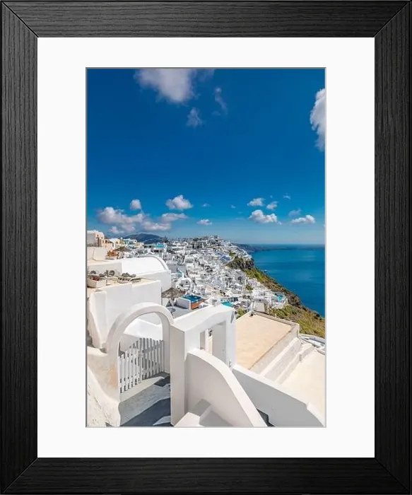 Framed Print : Santorini Island, filled with cafes and hotels overlooking the Aegean Sea and volcanic Caldera. Luxury summer travel and vacation destination of white Framed Print : Santorini Island, filled with cafes and hotels overlooking the Aegean Sea and volcanic Caldera. Luxury summer travel and vacation destination of white