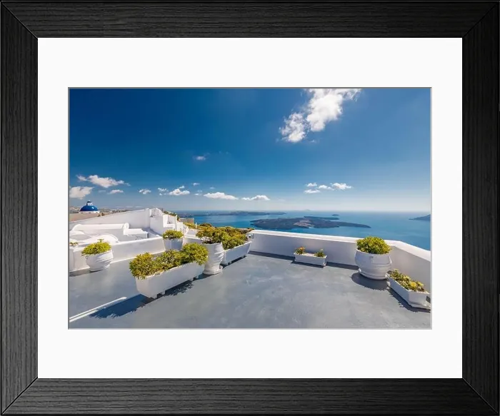 Framed Print : Amazing scenery, terrace with sea view. White architecture on Santorini island, Greece. Luxury travel destinations concept, amazing summer vacation Framed Print : Amazing scenery, terrace with sea view. White architecture on Santorini island, Greece. Luxury travel destinations concept, amazing summer vacation