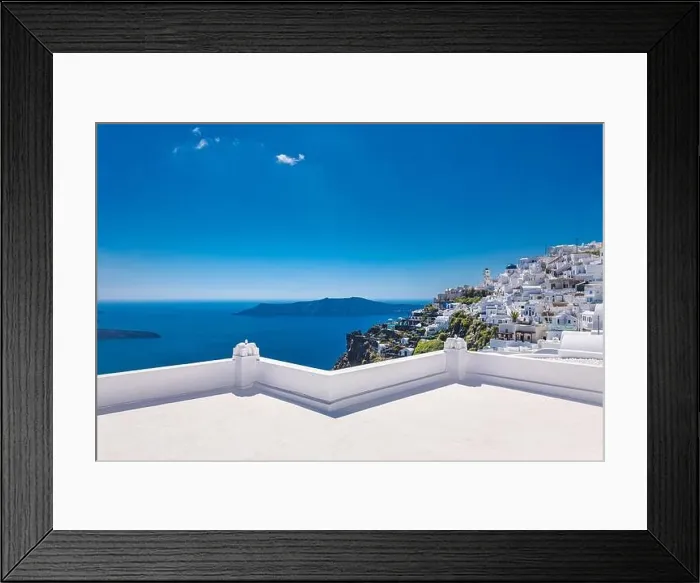 Framed Print : Amazing scenery, terrace with sea view. White architecture on Santorini island, Greece. Luxury travel destinations concept, amazing summer vacation Framed Print : Amazing scenery, terrace with sea view. White architecture on Santorini island, Greece. Luxury travel destinations concept, amazing summer vacation