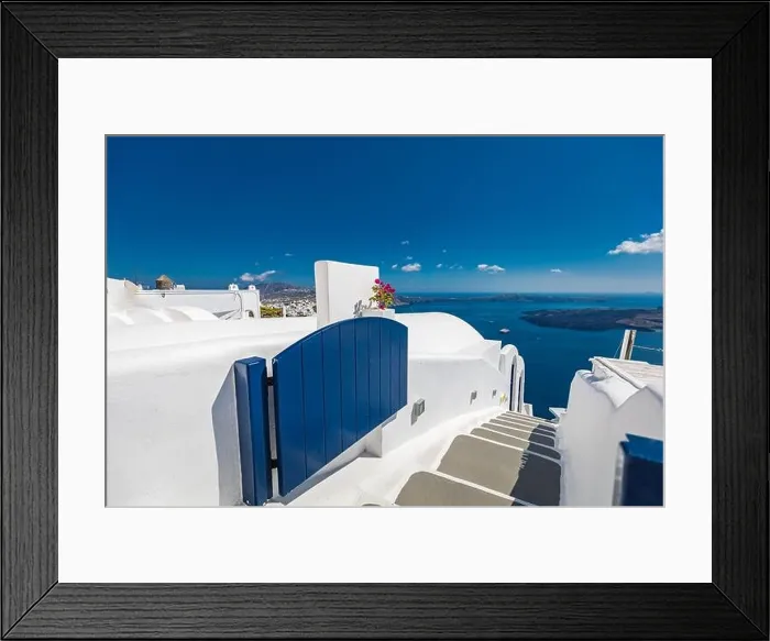 Framed Print : Santorini Island, Greece. Amazing travel landscape, stunning scenery with blue door and white architecture over blue sea bay. Perfect summer vacation Framed Print : Santorini Island, Greece. Amazing travel landscape, stunning scenery with blue door and white architecture over blue sea bay. Perfect summer vacation