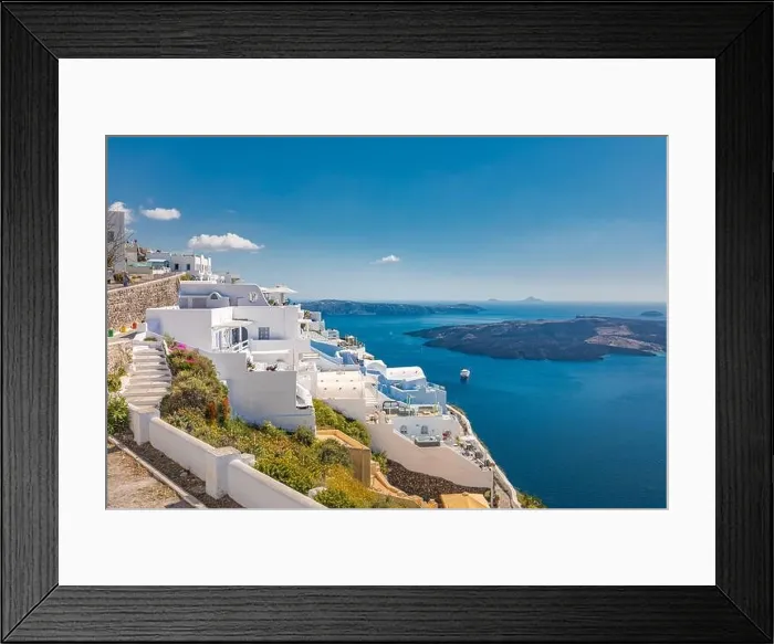 Framed Print : Santorini Island, filled with cafes and hotels overlooking the Aegean Sea and volcanic Caldera. Luxury summer travel and vacation destination of white Framed Print : Santorini Island, filled with cafes and hotels overlooking the Aegean Sea and volcanic Caldera. Luxury summer travel and vacation destination of white