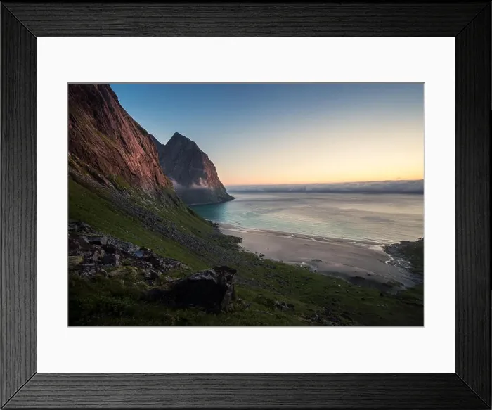 Framed Print : Scenic landscape with beach and mountain at bright summer night in Lofoten Islands, Norway Framed Print : Scenic landscape with beach and mountain at bright summer night in Lofoten Islands, Norway