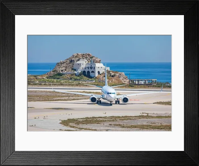Framed Print : 05.08.19: Santorini Greece: Low cost airline, aircraft departing from International Airport Santorini, runway, Greece. Airfield and runway close sea Framed Print : 05.08.19: Santorini Greece: Low cost airline, aircraft departing from International Airport Santorini, runway, Greece. Airfield and runway close sea