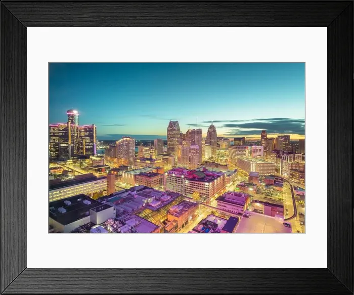 Framed Print : Detroit, Michigan, USA downtown skyline from above at dusk Framed Print : Detroit, Michigan, USA downtown skyline from above at dusk