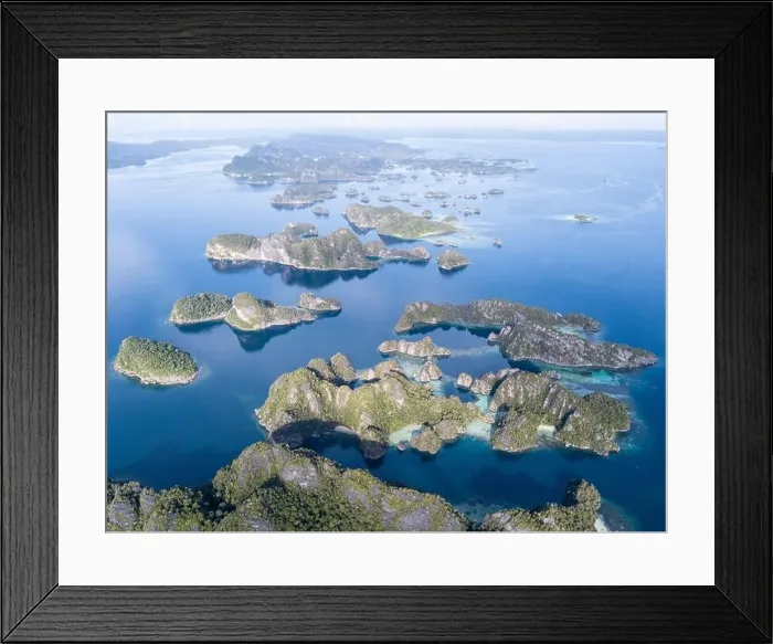 Framed Print : Beautiful limestone islands rise from Raja Ampat's seascape. This remote part of Indonesia is home to the greatest marine biodiversity on Earth Framed Print : Beautiful limestone islands rise from Raja Ampat's seascape. This remote part of Indonesia is home to the greatest marine biodiversity on Earth