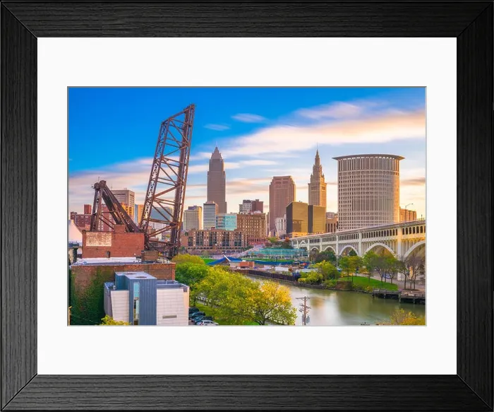 Framed Print : Cleveland, Ohio, USA city skyline over the Cuyahoga River Framed Print : Cleveland, Ohio, USA city skyline over the Cuyahoga River