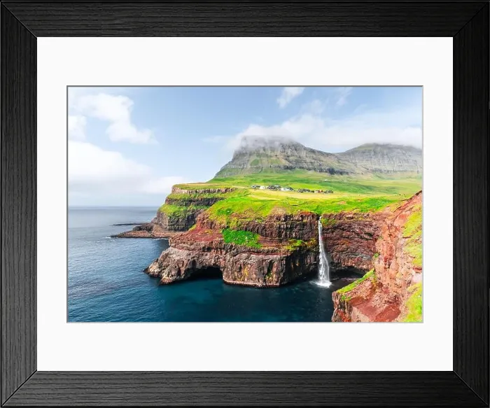 Framed Print : Incredible autumn view of Mulafossur waterfall in Gasadalur village, Vagar Island of the Faroe Islands, Denmark. Landscape photography Framed Print : Incredible autumn view of Mulafossur waterfall in Gasadalur village, Vagar Island of the Faroe Islands, Denmark. Landscape photography