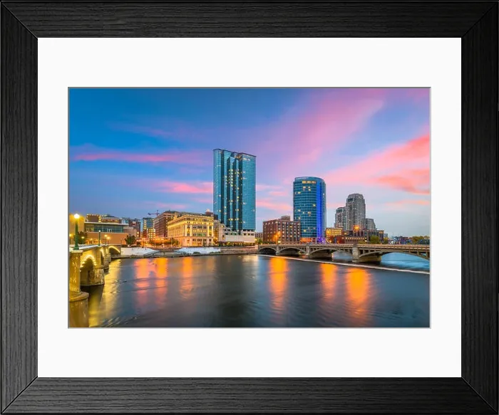 Framed Print : Grand Rapids, Michigan, USA downtown skyline on the Grand River at dusk
