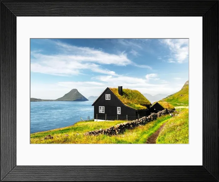 Framed Print : Foggy morning view of a house with typical turf-top grass roof in the Velbastadur village on Streymoy island, Faroe islands, Denmark Framed Print : Foggy morning view of a house with typical turf-top grass roof in the Velbastadur village on Streymoy island, Faroe islands, Denmark