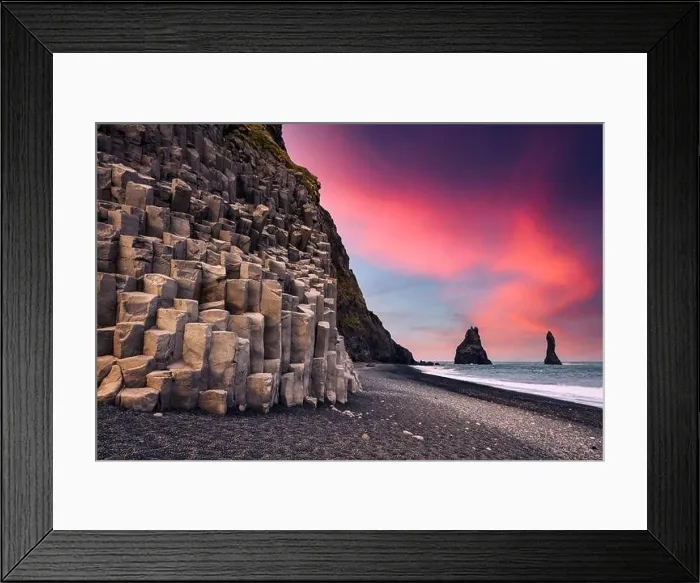 Framed Print : Incredible view on Black beach and Troll toes cliffs in sunset time. Great purple sky glowing on background. Reynisdrangar, Vik, Iceland Framed Print : Incredible view on Black beach and Troll toes cliffs in sunset time. Great purple sky glowing on background. Reynisdrangar, Vik, Iceland