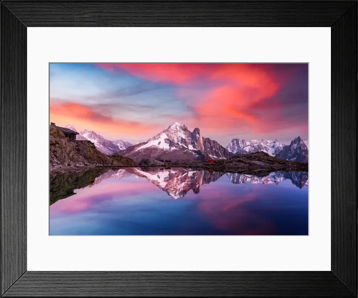 Framed Print : Sunset on lake Lac Blanc in France Alps. Monte Bianco mountains range glowing by sunset light on background Framed Print : Sunset on lake Lac Blanc in France Alps. Monte Bianco mountains range glowing by sunset light on background