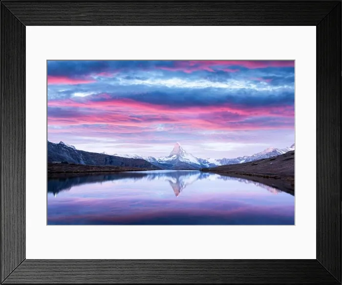 Framed Print : Magic landscape with colorful sunrise on Stellisee lake. Snowy Matterhorn Cervino peak with reflection in clear water. Zermatt, Swiss Alps Framed Print : Magic landscape with colorful sunrise on Stellisee lake. Snowy Matterhorn Cervino peak with reflection in clear water. Zermatt, Swiss Alps