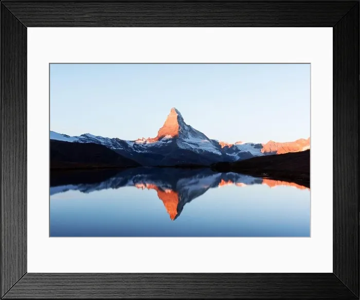 Framed Print : Picturesque landscape with colorful sunrise on Stellisee lake. Snowy Matterhorn Cervino peak with reflection in clear water. Zermatt, Swiss Alps Framed Print : Picturesque landscape with colorful sunrise on Stellisee lake. Snowy Matterhorn Cervino peak with reflection in clear water. Zermatt, Swiss Alps