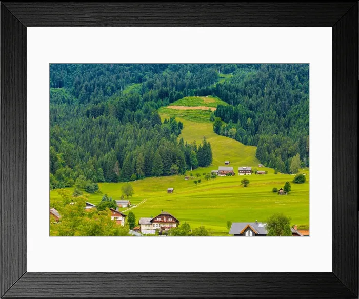 Framed Print : Traditional Alpine house, wooden cabin. Alps landscape, green grass, lawn and beautiful alpine scenery Framed Print : Traditional Alpine house, wooden cabin. Alps landscape, green grass, lawn and beautiful alpine scenery