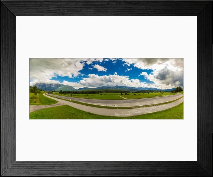 Framed Print : Asphalt road panorama in countryside on sunny summer day, wide angle view, Alpine landscape Framed Print : Asphalt road panorama in countryside on sunny summer day, wide angle view, Alpine landscape