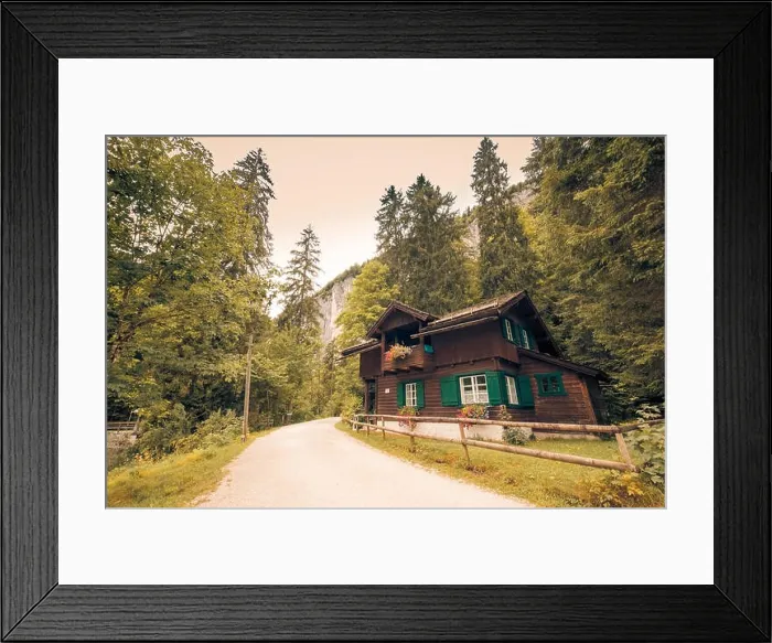 Framed Print : Alpine house and trail into the woods. Tranquil nature landscape, green pine trees, vintage color effect