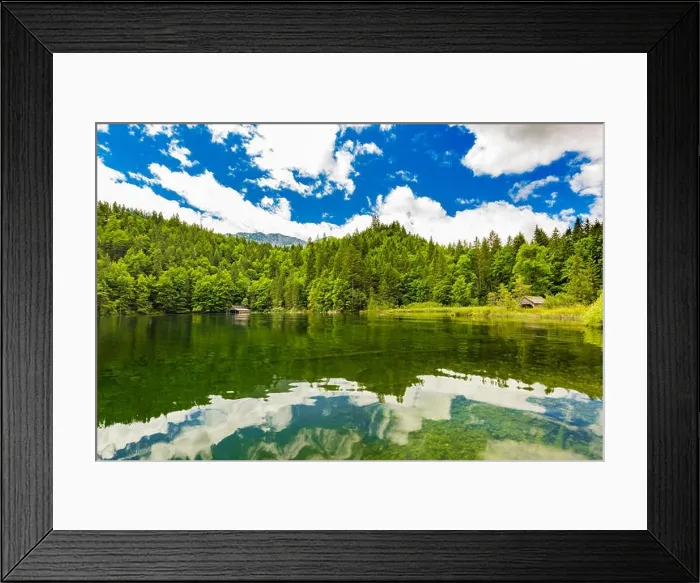 Framed Print : Idyllic summer landscape with clear mountain lake in the Alps. Tranquil nature landscape in the Alps, Europe. Water reflection, blue sky, pine forest Framed Print : Idyllic summer landscape with clear mountain lake in the Alps. Tranquil nature landscape in the Alps, Europe. Water reflection, blue sky, pine forest