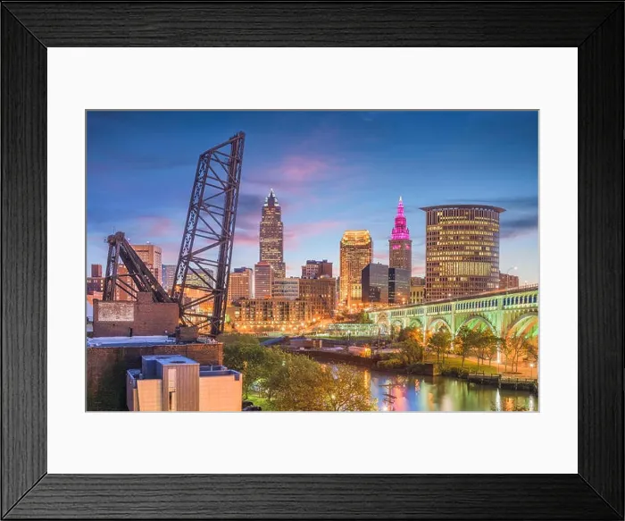 Framed Print : Cleveland, Ohio, USA city skyline over the Cuyahoga River Framed Print : Cleveland, Ohio, USA city skyline over the Cuyahoga River