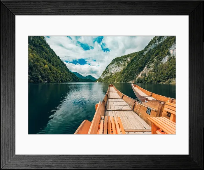 Framed Print : Amazing wooden boats on lake with reflection of mountain and sky. Freedom and adventure concept. Beautiful nature concept, mountain nature Framed Print : Amazing wooden boats on lake with reflection of mountain and sky. Freedom and adventure concept. Beautiful nature concept, mountain nature