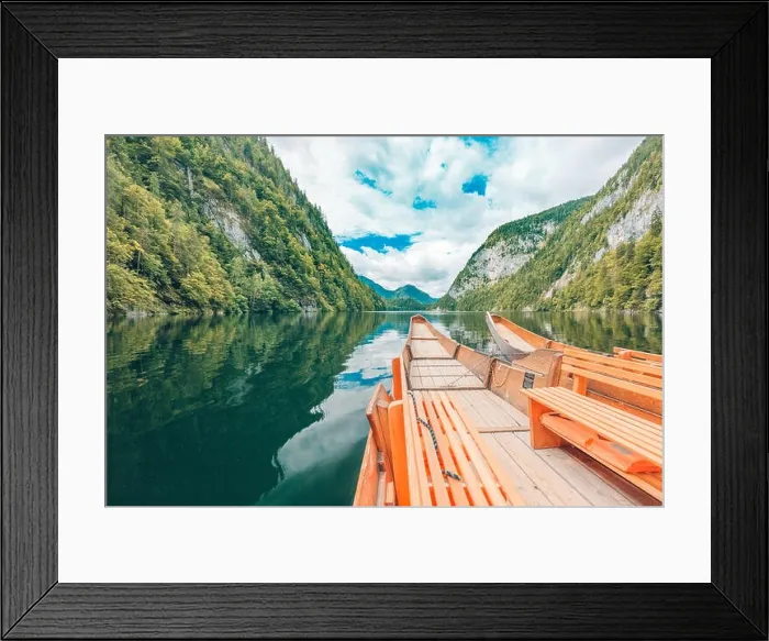 Framed Print : Amazing wooden boats on lake with reflection of mountain and sky. Freedom and adventure concept. Beautiful nature concept, mountain nature Framed Print : Amazing wooden boats on lake with reflection of mountain and sky. Freedom and adventure concept. Beautiful nature concept, mountain nature