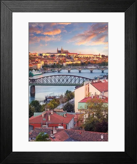 Framed Print : Prague at sunrise. Cityscape image of Prague, capital city of Czech Republic with St. Vitus Cathedral and five bridges over Vltava River at autumn sun Framed Print : Prague at sunrise. Cityscape image of Prague, capital city of Czech Republic with St. Vitus Cathedral and five bridges over Vltava River at autumn sun