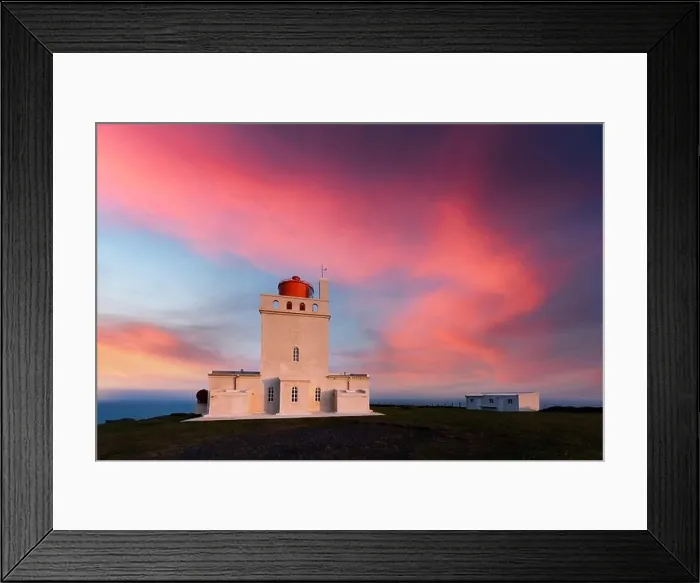 Framed Print : Magic evening view of Dyrholaey Lighthouse at Cape Dyrholaey, south coast of Iceland. Great purple sunset glowing on background. Landscape photography Framed Print : Magic evening view of Dyrholaey Lighthouse at Cape Dyrholaey, south coast of Iceland. Great purple sunset glowing on background. Landscape photography