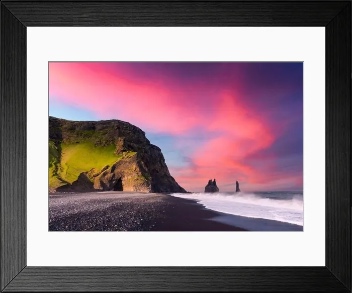 Framed Print : Incredible view on Black beach and Troll toes cliffs in sunset time. Great purple sky glowing on background. Reynisdrangar, Vik, Iceland Framed Print : Incredible view on Black beach and Troll toes cliffs in sunset time. Great purple sky glowing on background. Reynisdrangar, Vik, Iceland