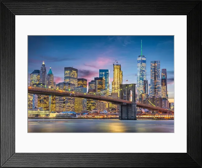 Framed Print : New York City, USA skyline on the East River with Brooklyn Bridge at dusk Framed Print : New York City, USA skyline on the East River with Brooklyn Bridge at dusk