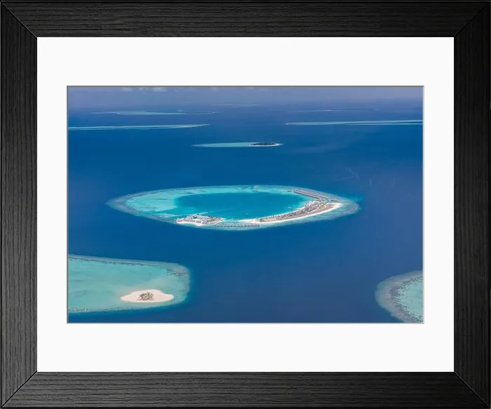Framed Print : Beauty tropical island. Aerial view on tropical islands, drone, plane view from coral reef atoll in Maldives islands. Exotic travel nature destination Framed Print : Beauty tropical island. Aerial view on tropical islands, drone, plane view from coral reef atoll in Maldives islands. Exotic travel nature destination