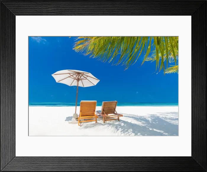 Framed Print : Fantastic beach, tropical landscape, white sand, blue sky, sun beds lounge and relax concept. Exotic resort for travel, tourism. Idyllic beach concept Framed Print : Fantastic beach, tropical landscape, white sand, blue sky, sun beds lounge and relax concept. Exotic resort for travel, tourism. Idyllic beach concept