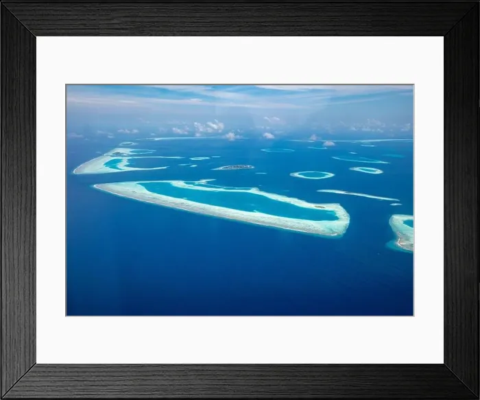 Framed Print : Beauty tropical island. Aerial view on tropical islands, drone, plane view from coral reef atoll in Maldives islands. Exotic travel nature destination