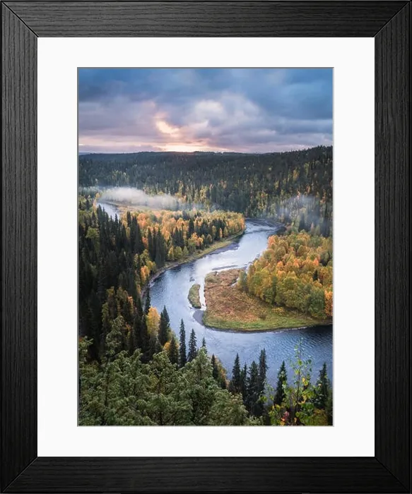 Framed Print : Scenic river landscape with fall colors woodland at autumn morning in National Park, Finland
