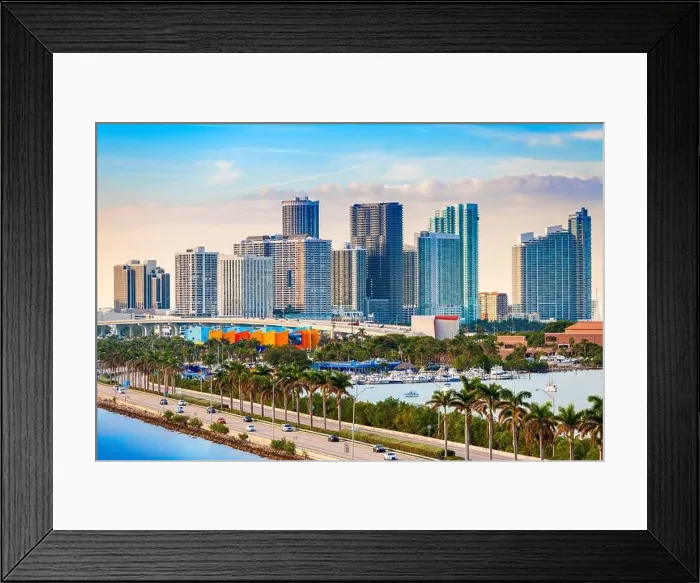 Framed Print : Miami, Florida, USA downtown skyline over MacAurther Causeway in the afternoon Framed Print : Miami, Florida, USA downtown skyline over MacAurther Causeway in the afternoon