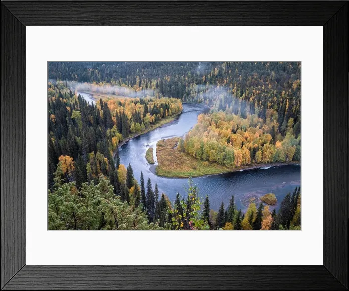 Framed Print : Scenic river landscape with fall colors woodland at autumn morning in National Park, Finland Framed Print : Scenic river landscape with fall colors woodland at autumn morning in National Park, Finland
