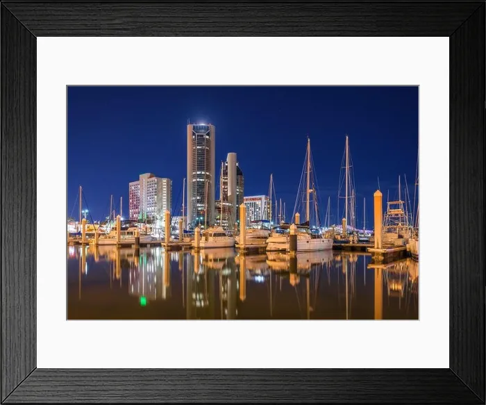 Framed Print : Corpus Christi, Texas, USA downtown skyline on the water at twilight with boats Framed Print : Corpus Christi, Texas, USA downtown skyline on the water at twilight with boats
