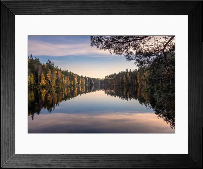 Framed Print : Scenic lake landscape with reflections and calm weather at autumn evening in Finland Framed Print : Scenic lake landscape with reflections and calm weather at autumn evening in Finland