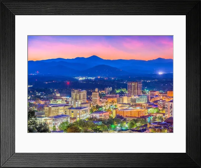 Framed Print : Asheville, North Carolina, USA skyline over downtown with the Blue Ridge Mountains