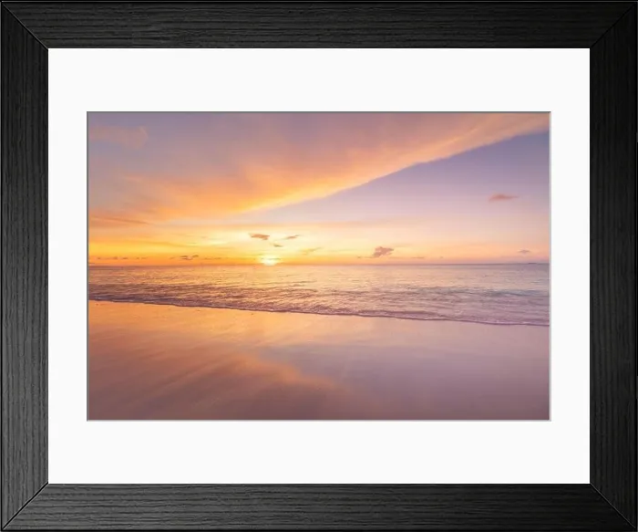 Framed Print : Beautiful sunset on the beach and sea. Tropical beach at beautiful sunset. Nature background. Exotic landscape, shore, coast, calm waves, soft sand Framed Print : Beautiful sunset on the beach and sea. Tropical beach at beautiful sunset. Nature background. Exotic landscape, shore, coast, calm waves, soft sand