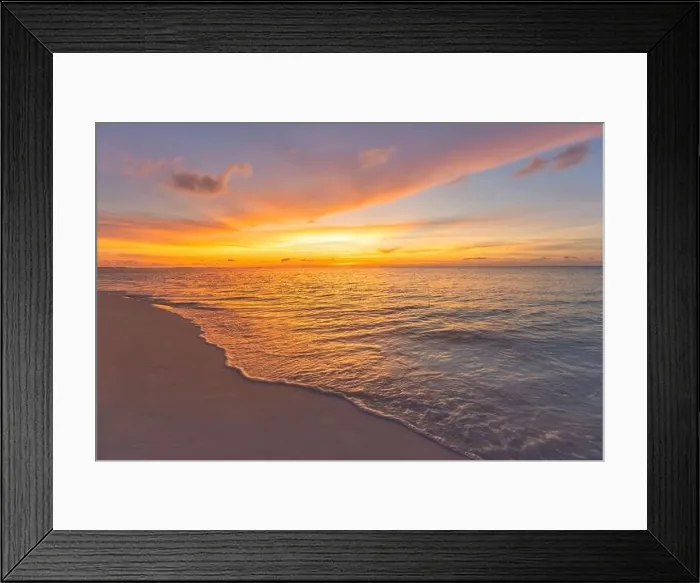 Framed Print : Beautiful sunset on the beach and sea. Tropical beach at beautiful sunset. Nature background. Exotic landscape, shore, coast, calm waves, soft sand Framed Print : Beautiful sunset on the beach and sea. Tropical beach at beautiful sunset. Nature background. Exotic landscape, shore, coast, calm waves, soft sand