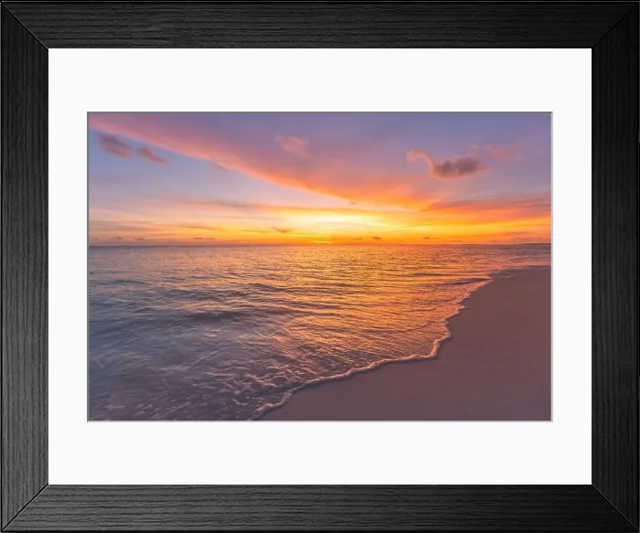 Framed Print : Beautiful sunset on the beach and sea. Tropical beach at beautiful sunset. Nature background. Exotic landscape, shore, coast, calm waves, soft sand Framed Print : Beautiful sunset on the beach and sea. Tropical beach at beautiful sunset. Nature background. Exotic landscape, shore, coast, calm waves, soft sand