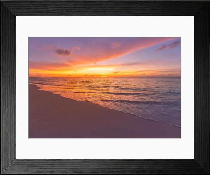 Framed Print : Beautiful sunset on the beach and sea. Tropical beach at beautiful sunset. Nature background. Exotic landscape, shore, coast, calm waves, soft sand Framed Print : Beautiful sunset on the beach and sea. Tropical beach at beautiful sunset. Nature background. Exotic landscape, shore, coast, calm waves, soft sand