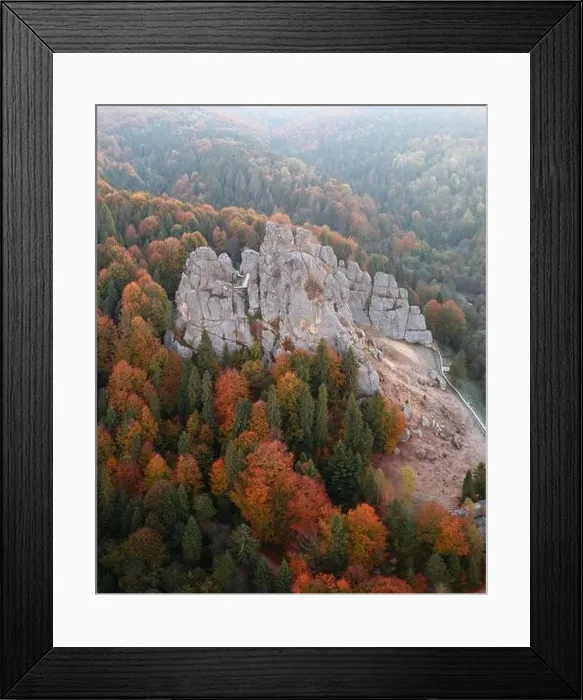 Framed Print : Aerial view from drone to Tustan fortress - archeological and natural monument of national significance in Urych village in autumn time, Ukraine Framed Print : Aerial view from drone to Tustan fortress - archeological and natural monument of national significance in Urych village in autumn time, Ukraine