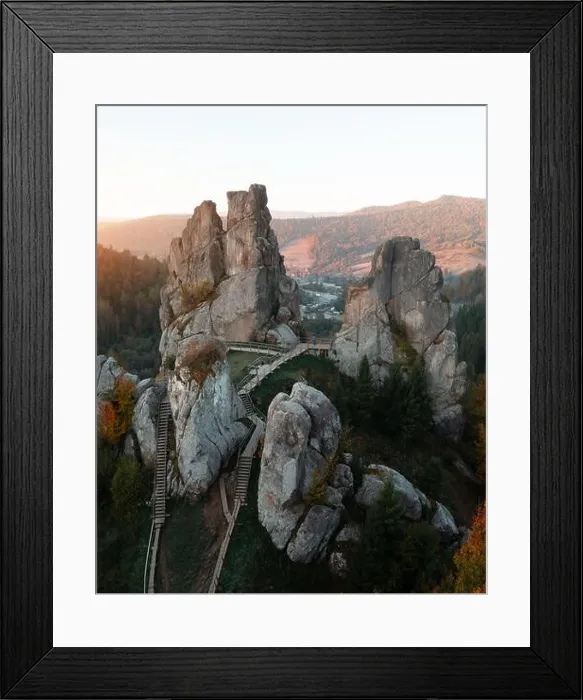 Framed Print : Aerial view from drone to Tustan fortress - archeological and natural monument of national significance in Urych village in autumn time, Ukraine Framed Print : Aerial view from drone to Tustan fortress - archeological and natural monument of national significance in Urych village in autumn time, Ukraine