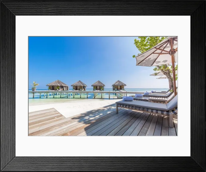 Framed Print : Luxury water villas in Maldives, tropical resort or hotel background. Exotic travel destination